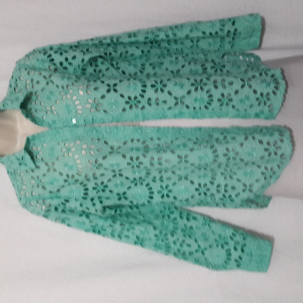 J Crew Women's Size 8 Button Down Shirt Green Eyelit Hole Embroidered